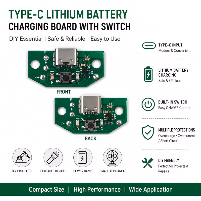 Плата заряджання акумулятора 3,7 В з USB-C та вимикачем (1 шт.)